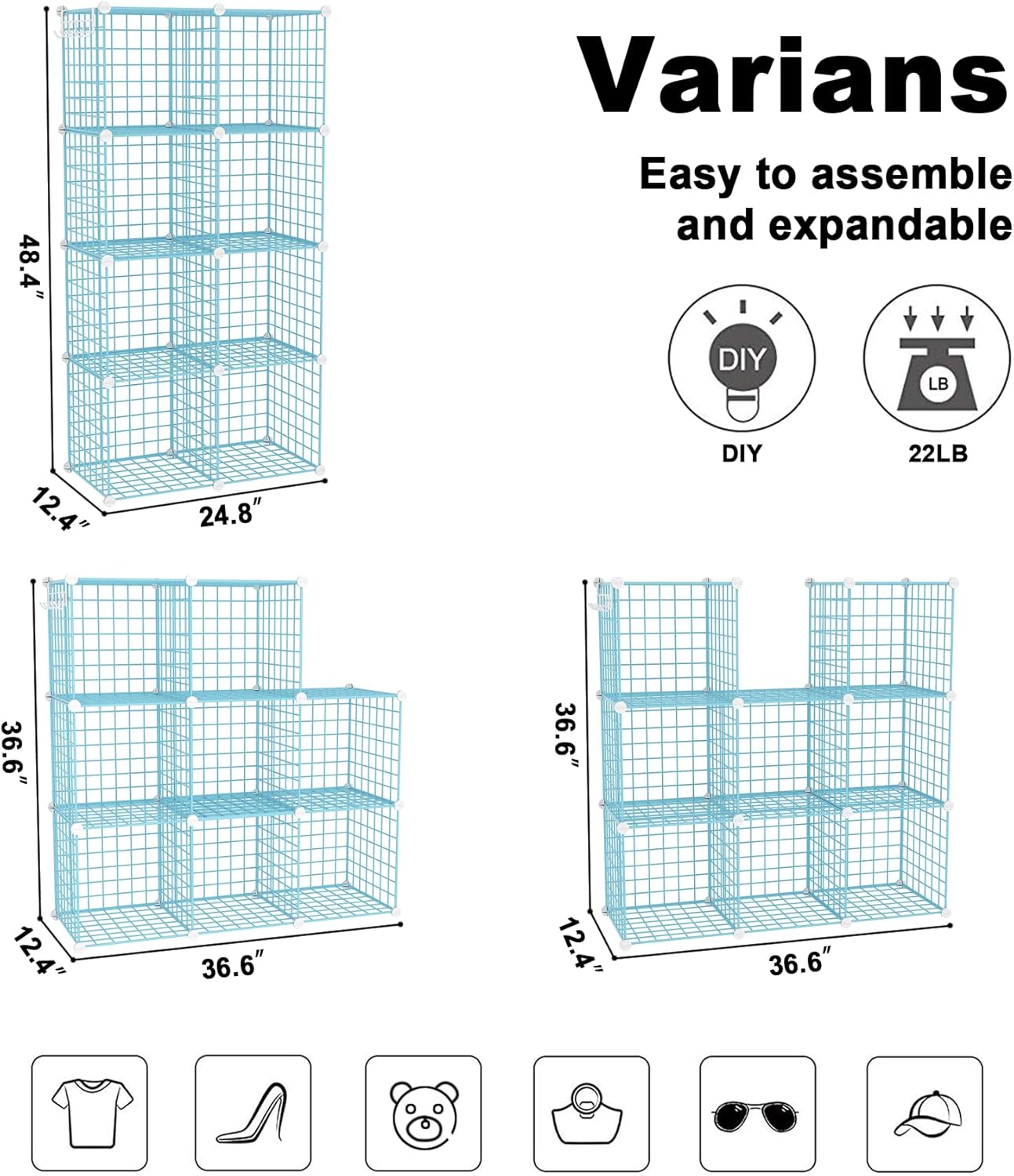 C&AHOME Wire Cube Storage, 8 - Cube Organizer Metal C Grids, Modular Shelves Units, Closet Organizer, Ideal for Home, Office, Living Room, 24.8" L x 12.4" W x 48.4" H, Blue UWCS3008B