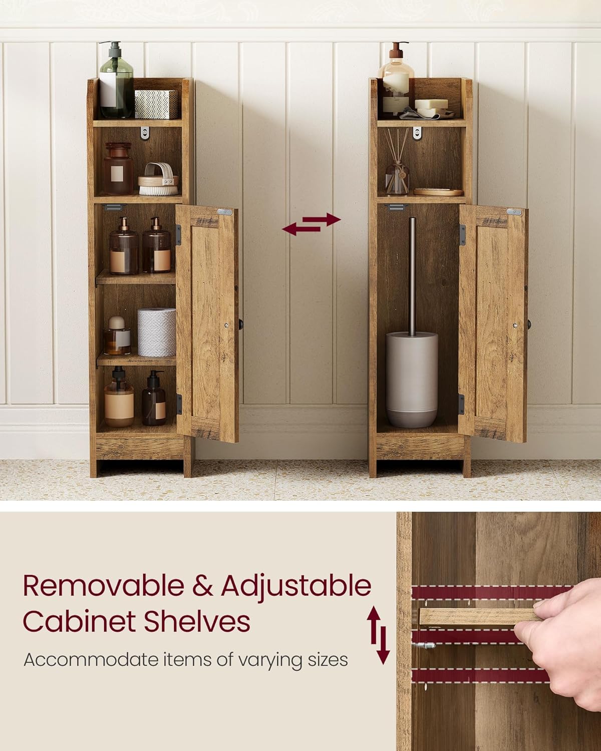 VASAGLE Small Storage Corner Floor Cabinet with Door, 7.9 x 7.1 x 31.5 Inches, Narrow Toilet Paper Storage Holder, Adjustable Shelves, for Bathroom, Living Room, Small Spaces, Honey Brown UBBK310K01