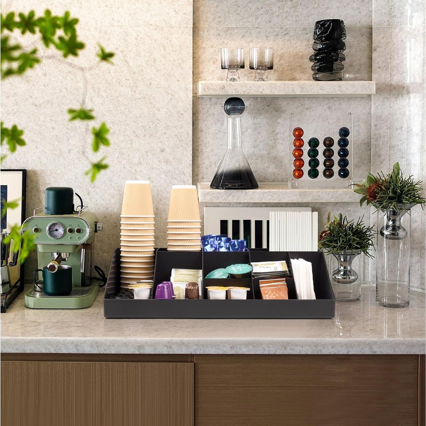 SZQINJI Coffee Condiment Organizer Holder 10-Compartment Break Room Coffee Condiment Caddy Cup Storage Holder Black