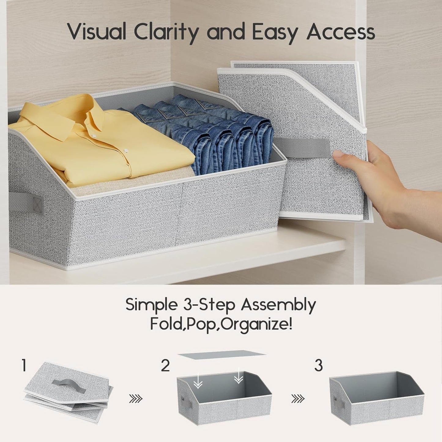 Large Closet Organizers and Storage Bins - 8 Pack Trapezoid Storage Baskets for Shelves, Foldable Fabric Baskets with Handles Ideal for Closet, Basket, Wardrobe and Shelf Storage, Light Grey