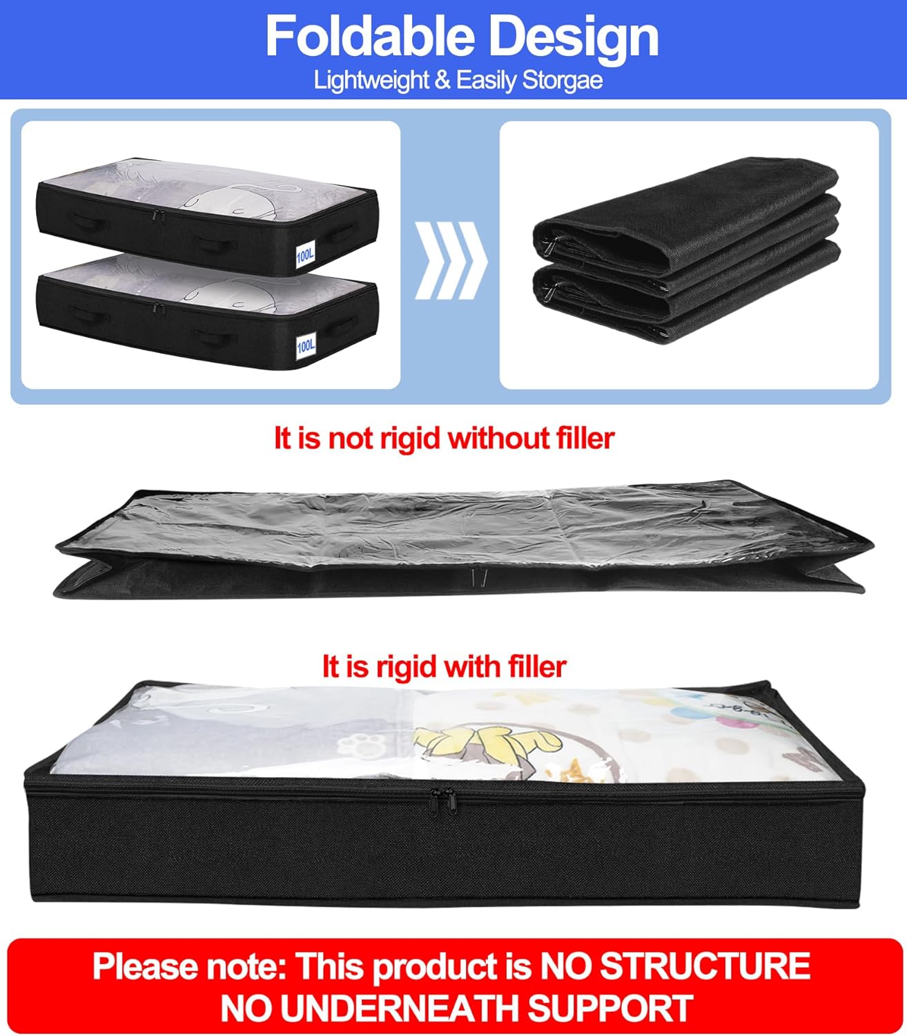 punemi 100L Jumbo Under Bed Storage Containers (No Support) - 6-Pack Foldable Bins, 7.5in Tall Underbed Clothing Storage for Blankets, Comforters, Sweaters & Linen Sheets - Soft-Sided, Black