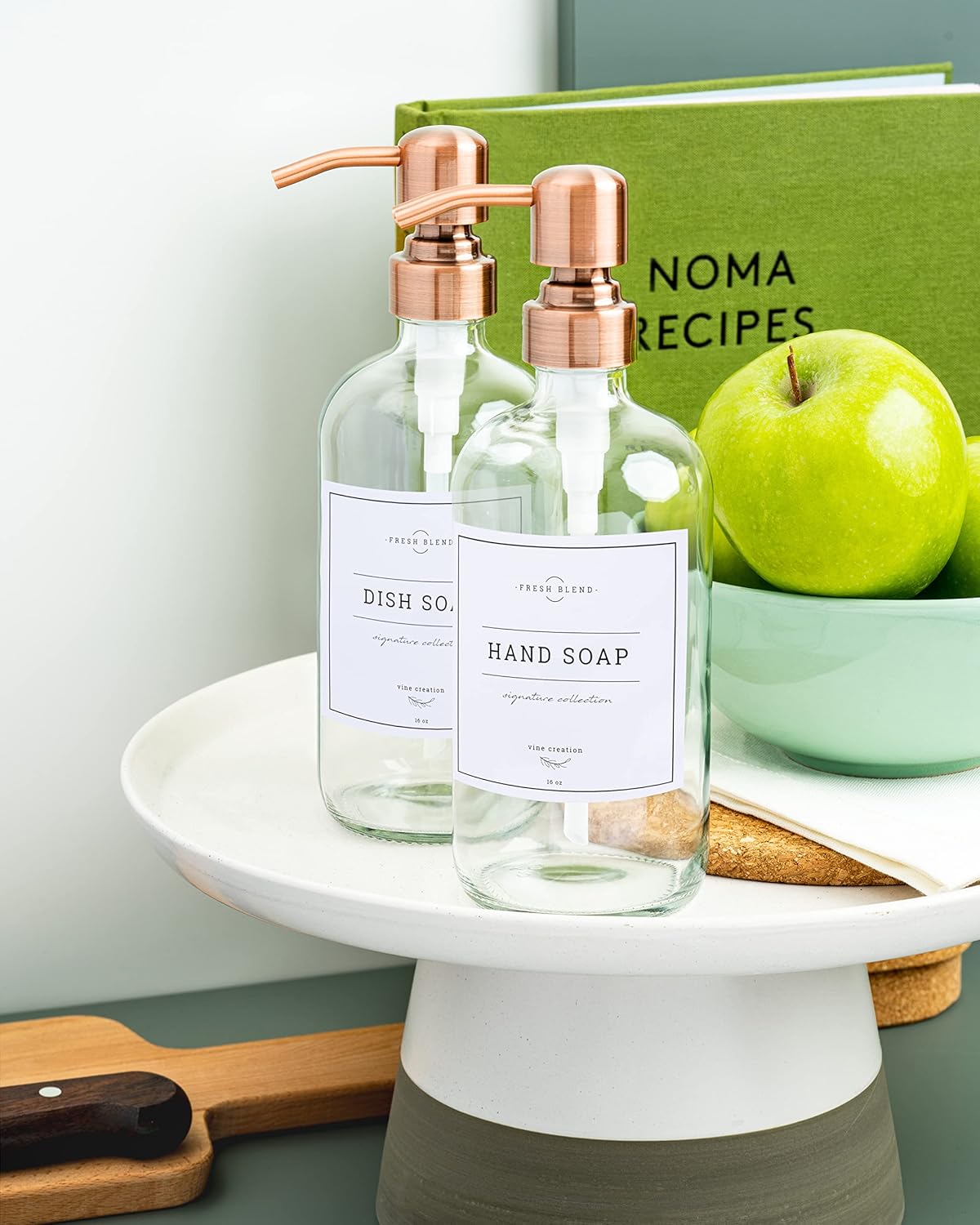 Vine Creations Clear Glass Soap Dispenser, 2 Pack Kitchen Soap Dispenser Set with Stainless Steel Pump, 16 oz Dish Soap and Hand Soap Dispensers for Bathroom with Waterproof Labels