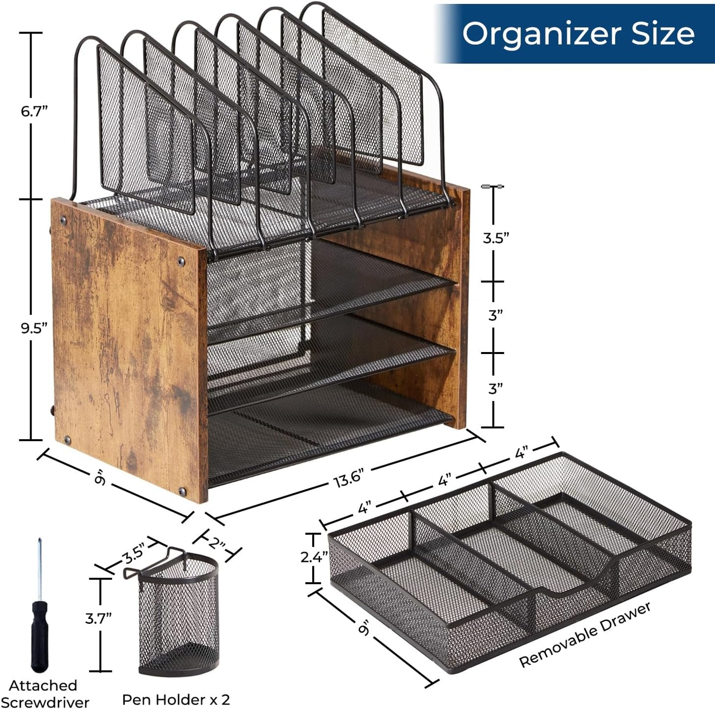 Y YOMA Mesh Desk Organizer with Drawer, 4-Tier Wood Desktop Organizer with 5 Vertical File Holders and 2 Pen Holders Office Desk Accessories for Home Dorm Classroom