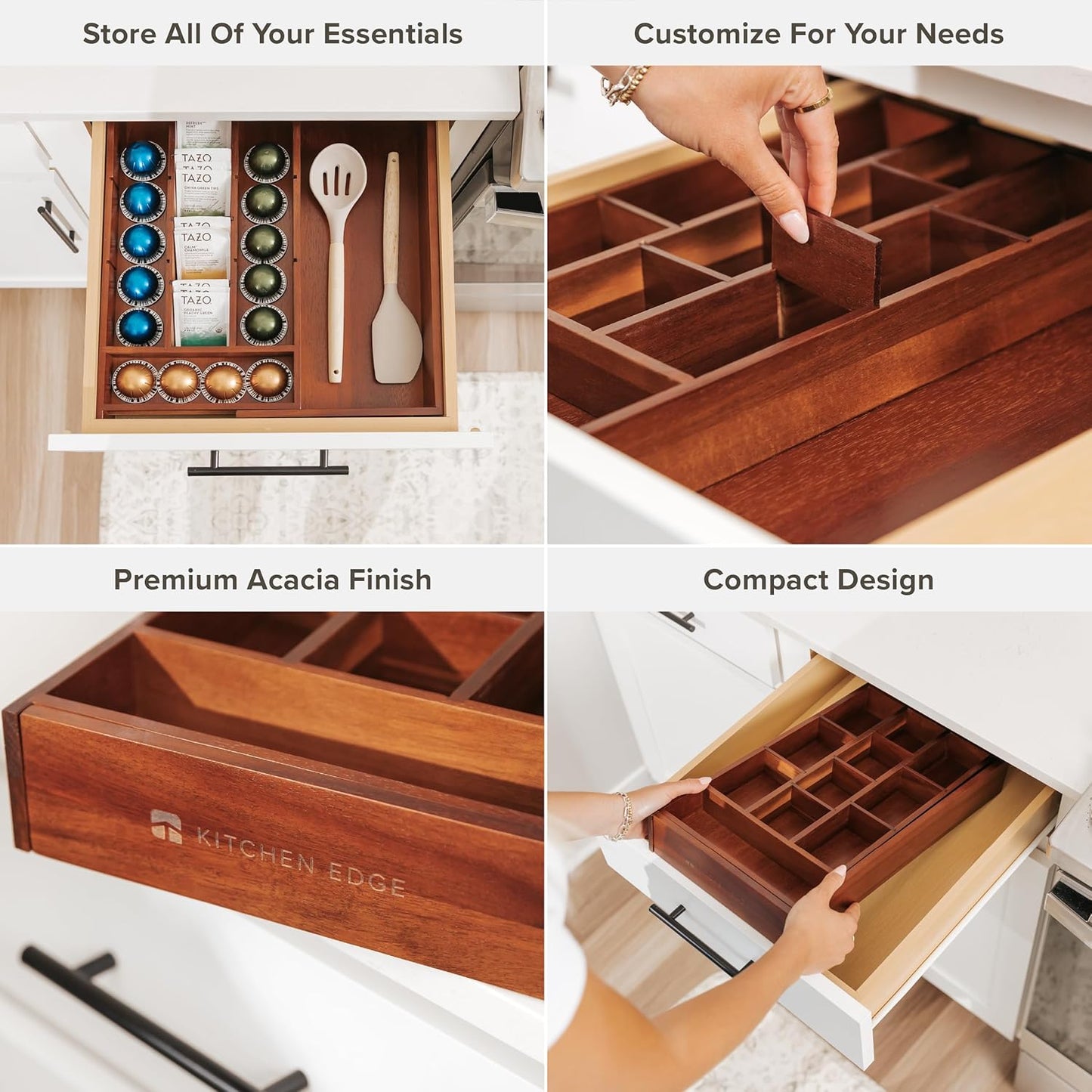 KitchenEdge Acacia Tea Bag and Coffee Pod Kitchen Drawer Organizer, Expandable 9.7 to 17 Inches, 10 Storage Compartments, Adjustable Wall Inserts, Non-Slip Feet, Food-Safe