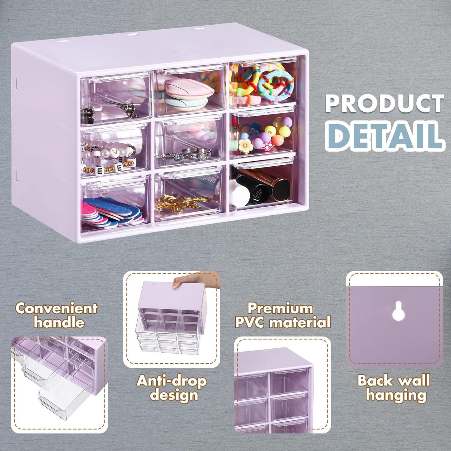 Amyhill 6 Pcs Mini Drawer Organizer Small Organizer with 9 Drawers Plastic Desktop Craft Storage Box for Office Home Room Jewelry Cosmetics Collection(Purple)