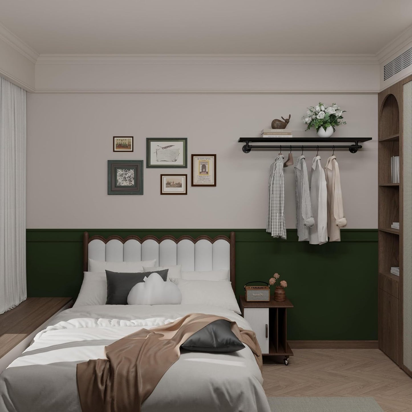 Black Clothes Rack 48in, Wall Mounted Garment Rack with Real Wood Shelf, Heavy Duty Hanging Clothes Rack, Multi-Purpose Hanging Rod, Space-Saving Closet Storage