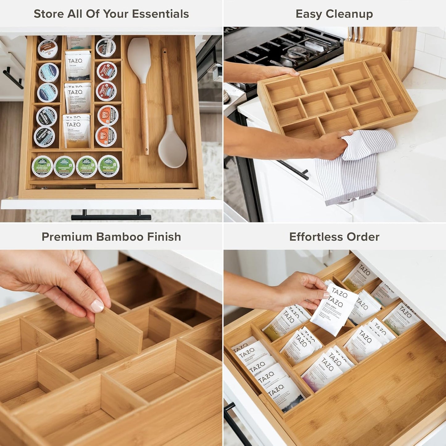 KitchenEdge Tea Bag and Coffee Pod Kitchen Drawer Organizer, Expandable 9.7 to 17 Inches, 10 Accessory Compartments with Adjustable Wall Inserts, Non-Slip Rubber Feet, 100% Sustainable Bamboo Wood