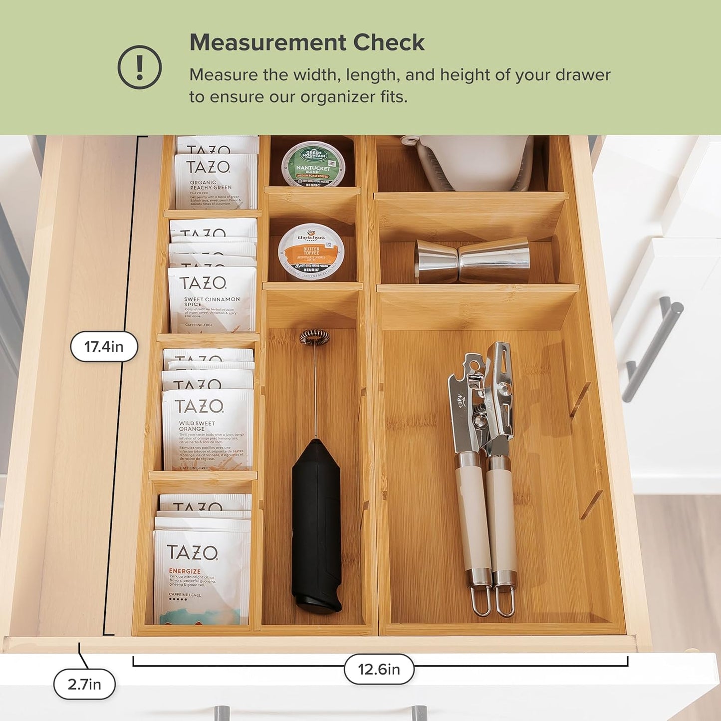 KitchenEdge Premium Utensils and Tea Bag Drawer Organizers – 14-Compartment Design with Removable Dividers, Non-Slip Feet, 100% Sustainable Bamboo, 2 Pack