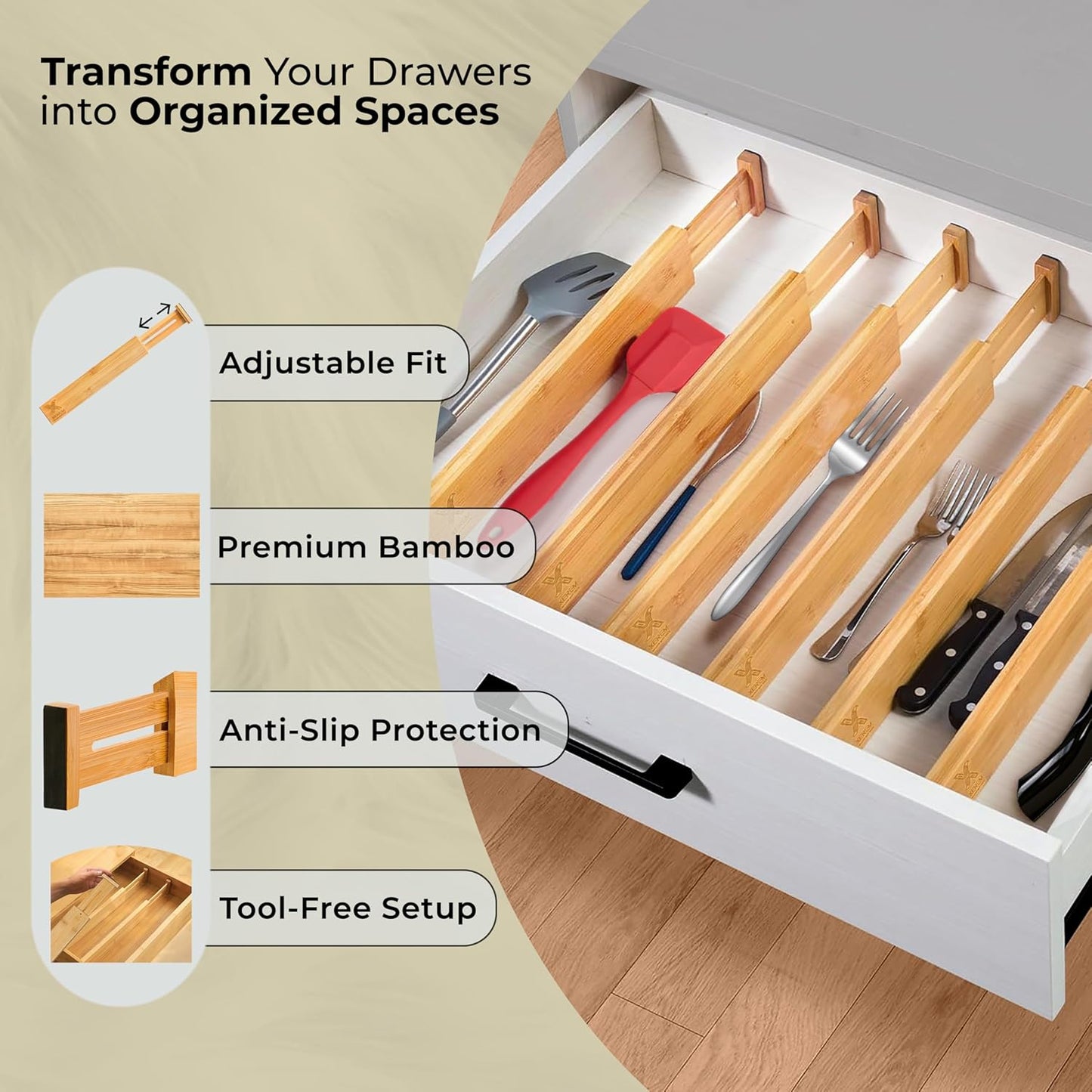 Adjustable Bamboo Drawer Dividers 6-Pack, 17-22 Inch Deep Expandable Drawer Organizer Set, Sustainable Spring-Loaded Bamboo Inserts for Kitchen, Bedroom, and Office Organization