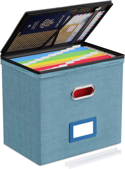 Oterri 1 Pack File Organizer Boxes with Lids, File Box with Mesh Pockets, Document Organizer Box for Letter Size Folders, Zippers Important Document Organizer (Denim, Without Folders)