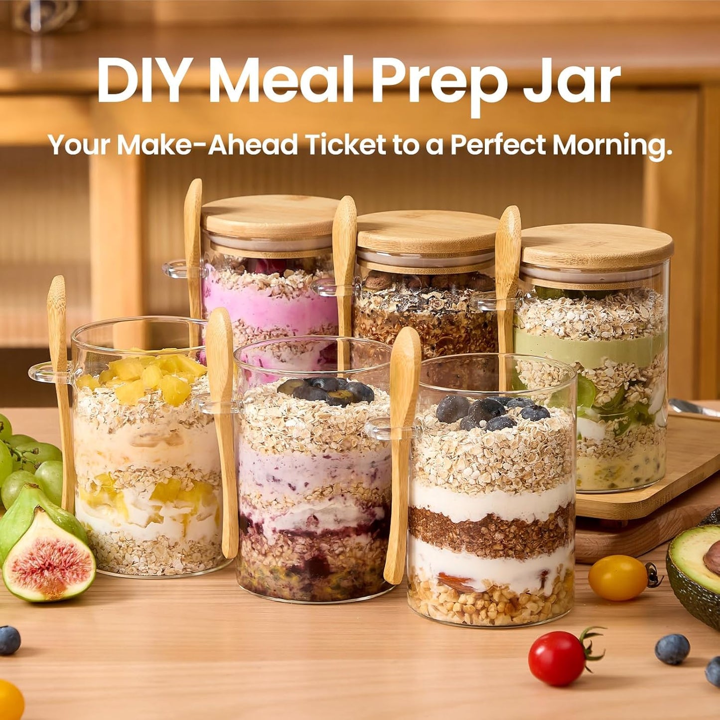 4 Pack Overnight Oats Containers with Bamboo Lids and Spoons - 22 oz Airtight Glass Jars with Lid, Meal Prep Jars for Chia Pudding, Yogurt, Salad, Cereal, Coffee, Flour | Food Storage Canister