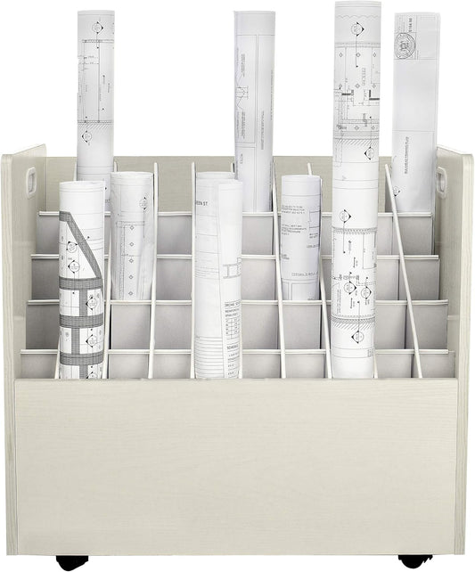 Adir Blue Print Storage Organizer - Mobile Roll File Cart, Construction Plan Holders, Blueprint Cabinet with Wheels, Roll Files Storage for Office and Home (50 Slots, White)
