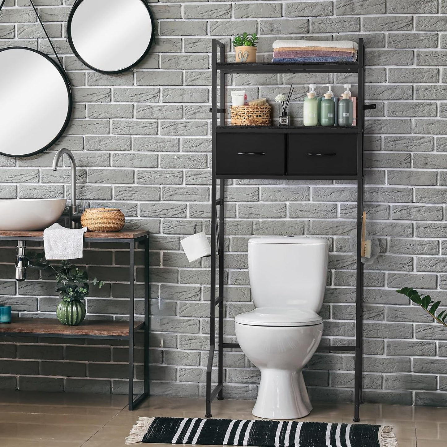 YBING Black Over The Toilet Storage Cabinet, Over Toilet Bathroom Organizer Freestanding, Above Toilet Storage Cabinet, Over Toilet Storage Shelf with Drawers