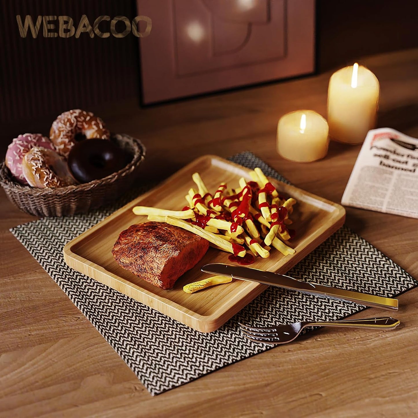 Square Bamboo Serving Tray with Handles - 9.4x7.4 Inch Rustic Wooden Platter for Coffee, Kitchen, Living Room & Party (Lightweight, Splinter-Free & Oil-Coated)