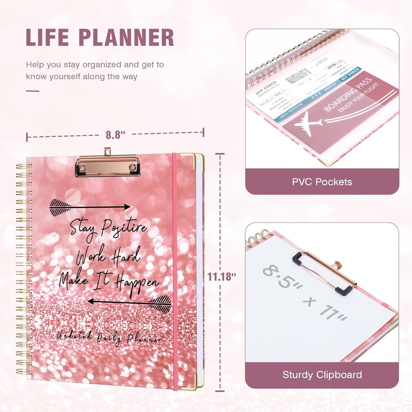 Ospelelf Undated Spiral Bound Planner Daily, Weekly and Monthly Planner, Pink Teacher Planners 12 Month 8.5 x 11