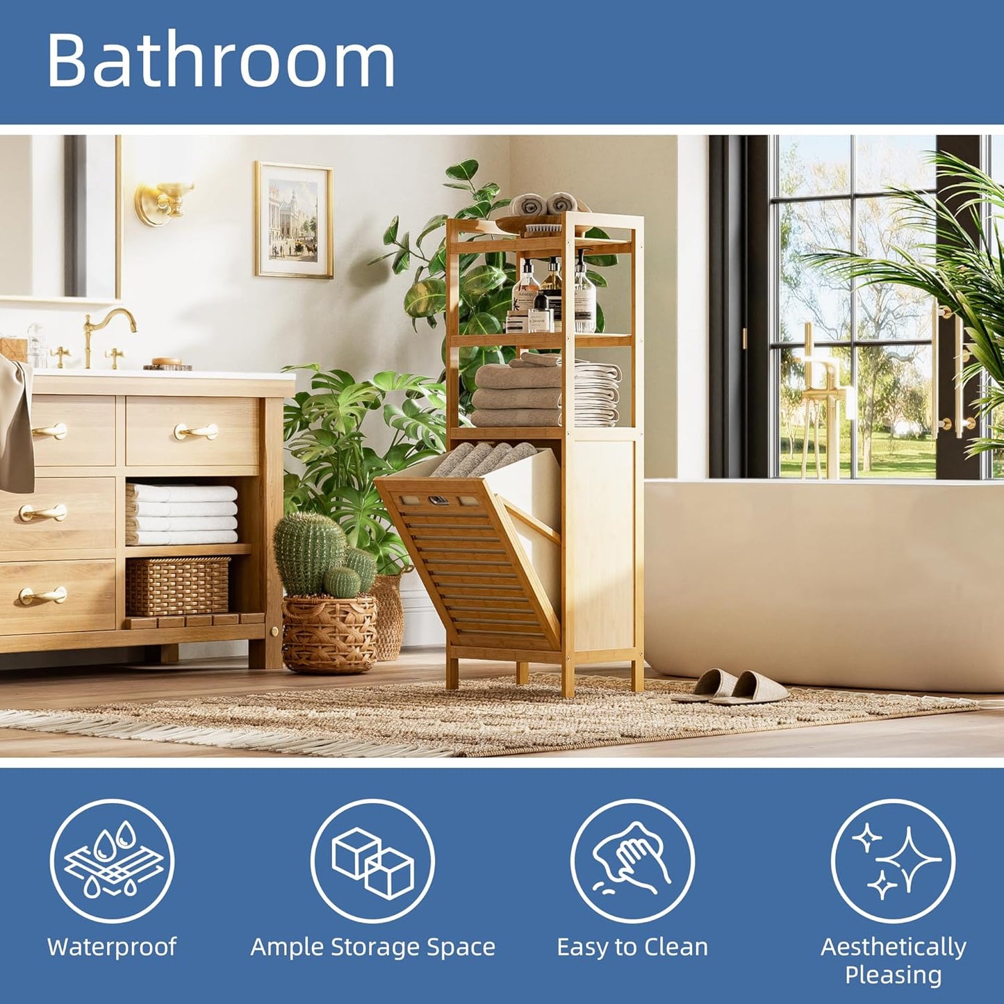 HITNET Tilt Out Laundry Hamper, Bamboo Laundry Basket with Foldable Bag and 3 Open Shelves, Freestanding Clothes Storage Organizer for Bedroom, Bathroom, Living Room, Natural