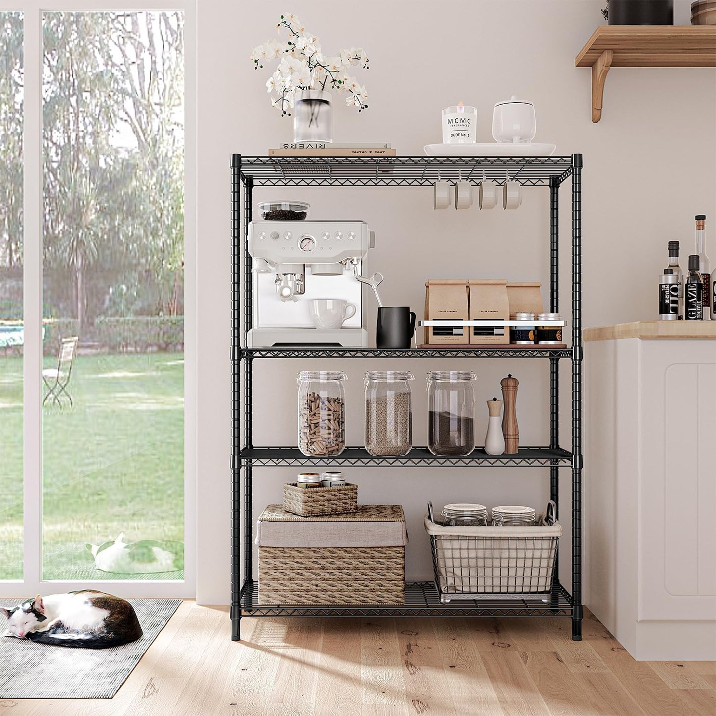 IZEUK 1400 LBS Garage Black Shelving Wide Storage Shelves 4 Tier Adjustable Heavy Duty Metal Wire Rack Standing Shelf Unit for Kitchen Office College Dorm Garage Warehouse 15.8" x 45.8"x 59.4"