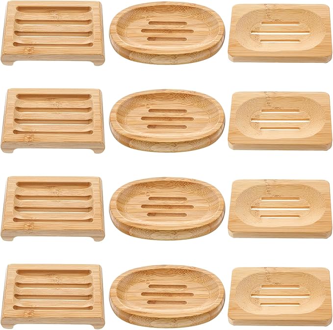 12 Pcs Bamboo Soap Dishes, Self-Draining Non-Slip Soap Saver, Wooden Soap Holder Tray, Shampoo Bar Holder for Bathroom, Kitchen (3 Size)