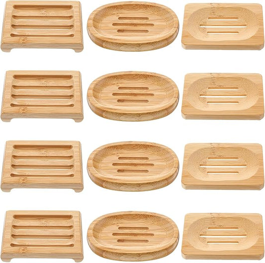 12 Pcs Bamboo Soap Dishes, Self-Draining Non-Slip Soap Saver, Wooden Soap Holder Tray, Shampoo Bar Holder for Bathroom, Kitchen (3 Size)