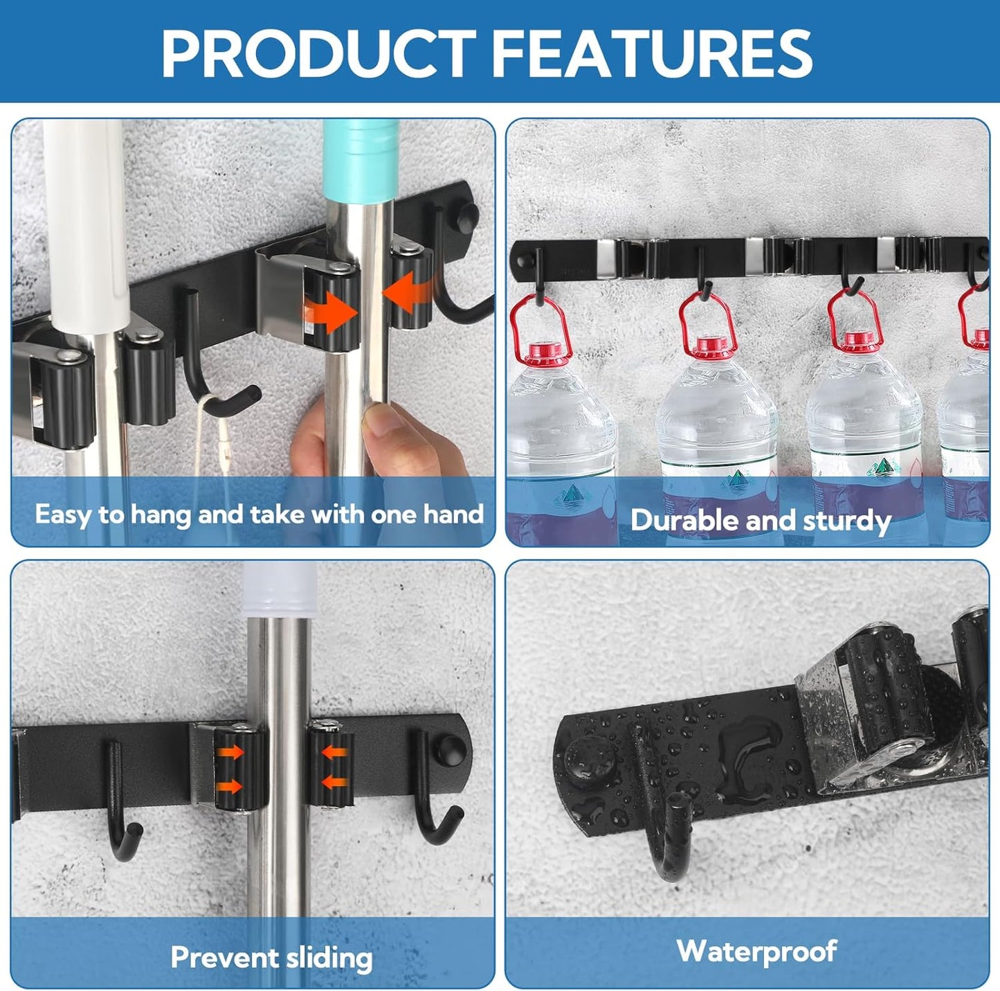 3 Pack Black Mop and Broom Holder Wall Mount Self Adhesive 3 Racks with 4 Hooks Broom Organizer Wall Mount Stainless Steel Broom Hanger for Home Kitchen Garden Laundry Garage Organization Storage