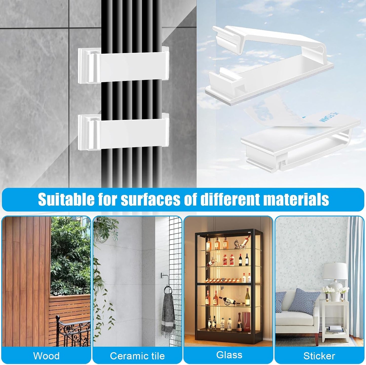 XHF 40 PCS Self Adhesive Cable Clips(XL) White,Wire Clips Cable Management Wire Organizer Cord Holder for Under Desk, Car, Wall, TV PC Ethernet Cable