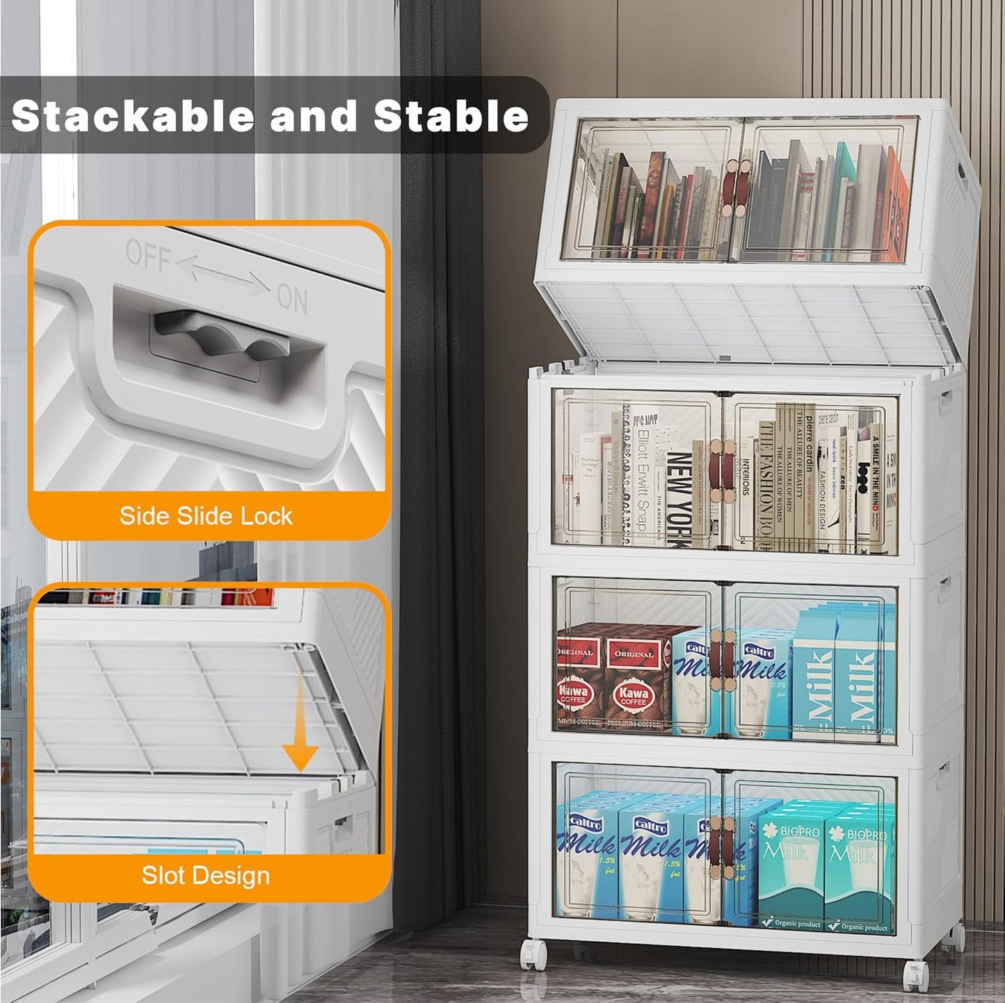 Extra Large Stackable Storage Bins with Lids & Wheels & Door, 208QT-52QT/13GAL*4Pack Foldable Collapsible Closet Organizers, Plastic containers drawers for bedroom Dorm