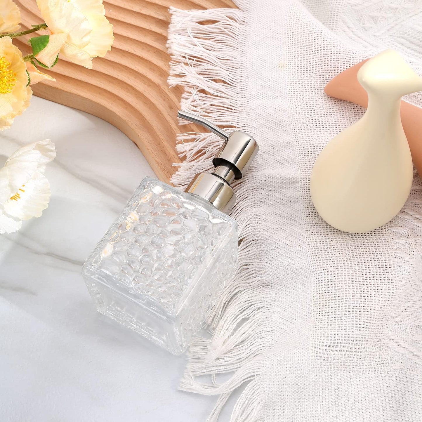 Soap Dispenser with Stainless Steel Pump, Clear Crystal Design, Vintage and Elegant, Refillable Liquid Hand Soap Dish Soap Dispensers for Bathroom Counter, Kitchen Sink (Style 3)