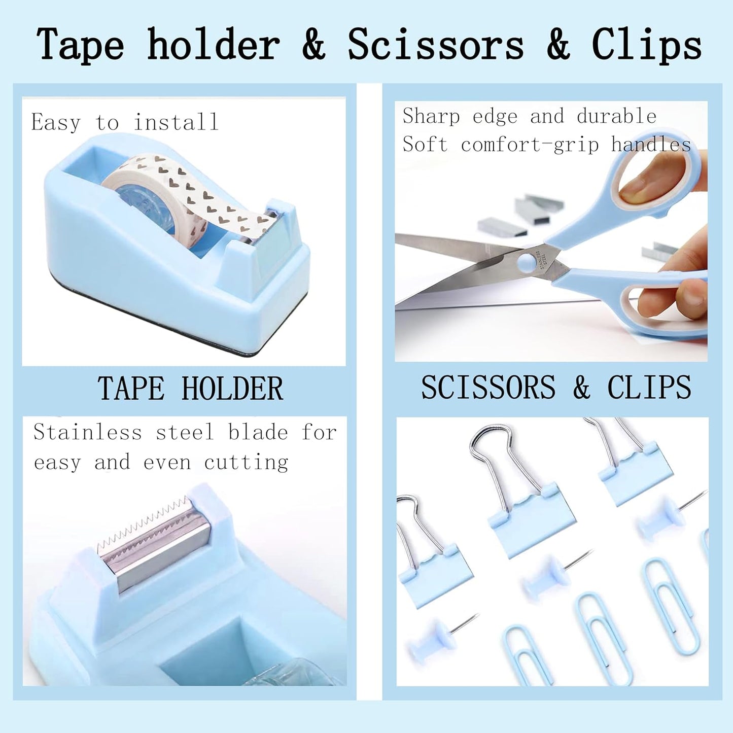 Blue Desk Accessories, Blue Office Supplies 360°Pen Holder Desk Organizers and Accessories with Tape Dispenser, Stapler, Staple Remover, 1000 Staples, Tape, Clips Set, Ruler, Scissor, Pen