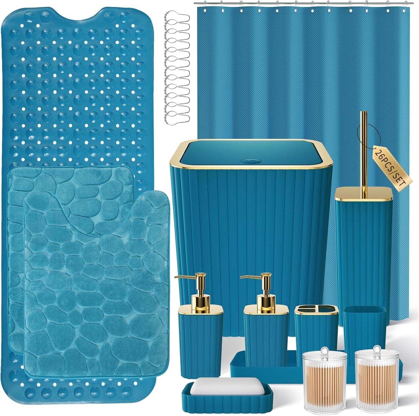26PC Bathroom Accessories Set - Gorgeous Teal Bathroom Set, Bathroom Accessory Set, Shower Curtain Set with Bathtub Mats for Shower Tub,Trash Can & Soap Dispenser