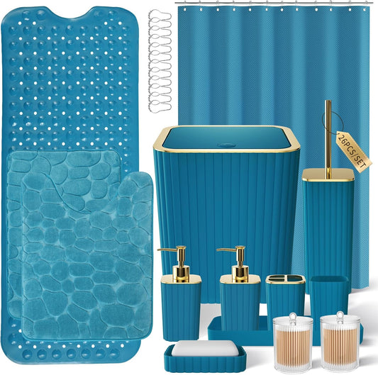 26PC Bathroom Accessories Set - Gorgeous Teal Bathroom Set, Bathroom Accessory Set, Shower Curtain Set with Bathtub Mats for Shower Tub,Trash Can & Soap Dispenser