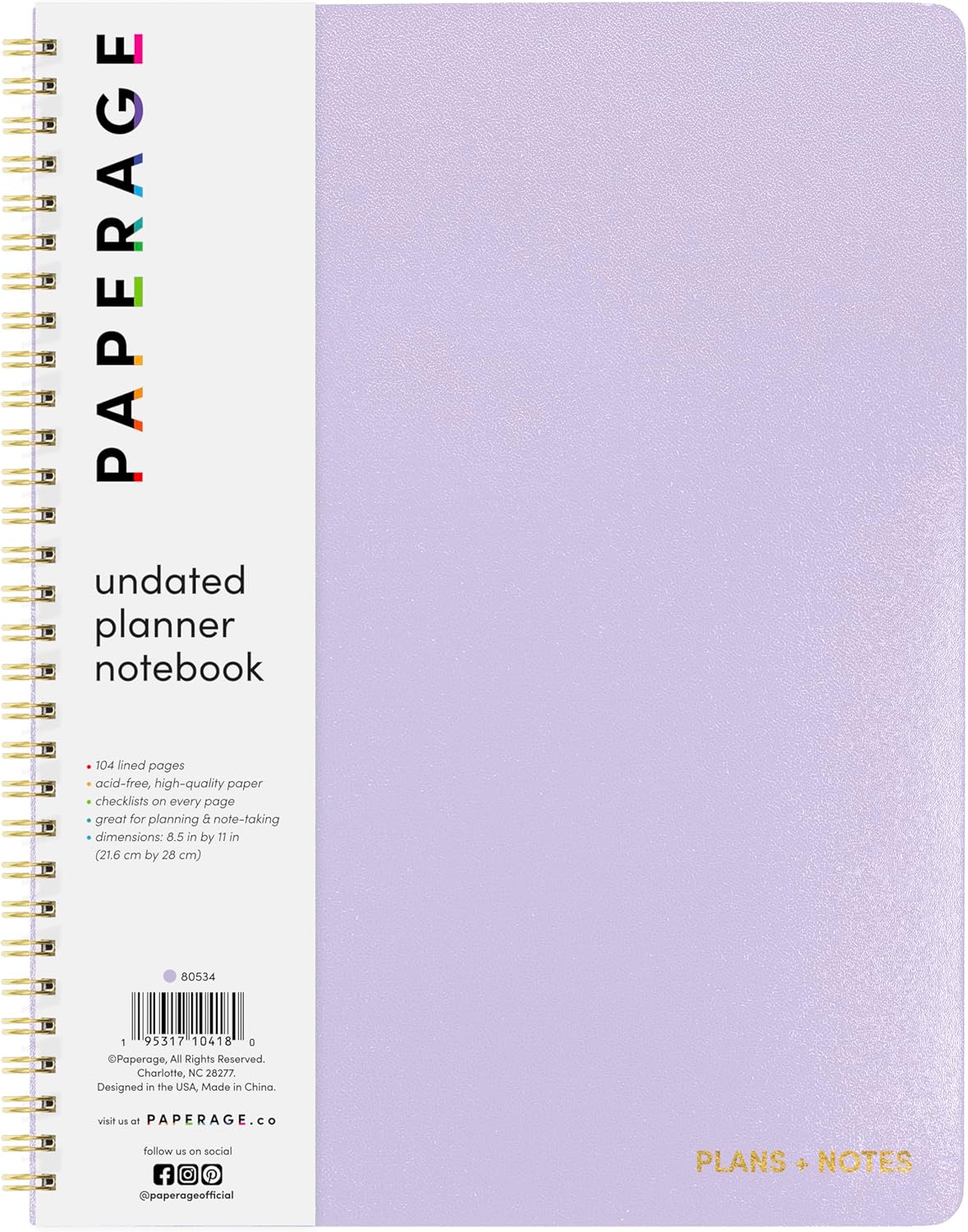 PAPERAGE Undated Daily Planner & To Do List Notepad (Lavender), 8.5 in x 11 in, Spiral Bound Planner Notebook for Work, School or Home, 104 Lined Pages With Date Tracker for Plans & Notes