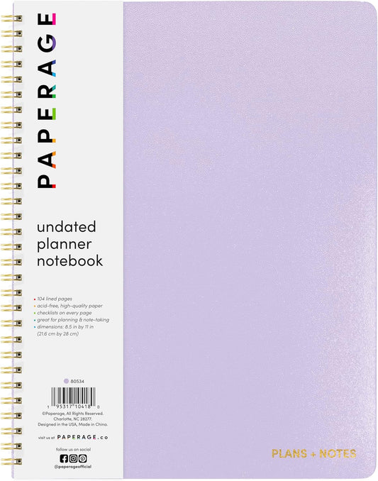 PAPERAGE Undated Daily Planner & To Do List Notepad (Lavender), 8.5 in x 11 in, Spiral Bound Planner Notebook for Work, School or Home, 104 Lined Pages With Date Tracker for Plans & Notes