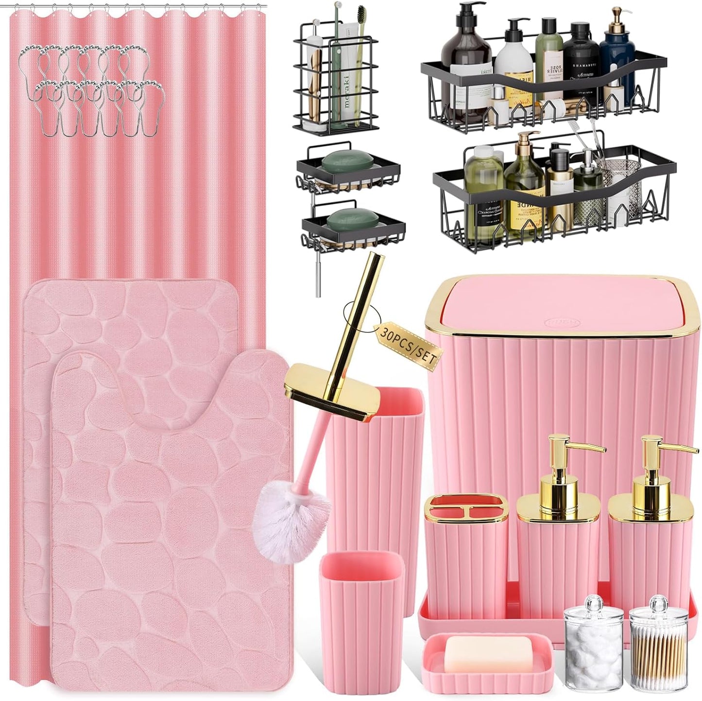 30PC Bathroom Accessories Set - Gorgeous Pink Bathroom Set, Bathroom Accessory Set, Pink Shower Curtain Set with 5PC Shower Caddy