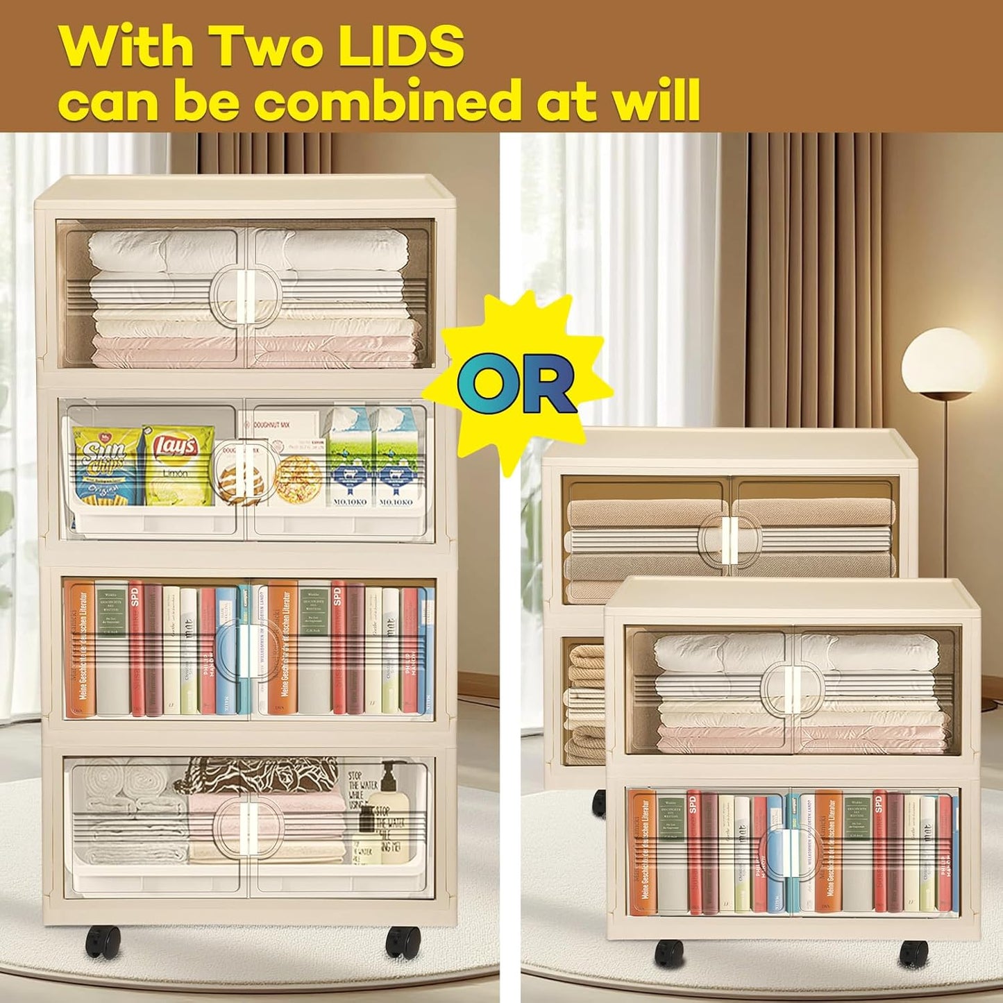 600QT/150GAL Large Storage Bins with 2 Lids, Stackable Collapsible Storage Bins with 8 Wheels & 2 Lids, Closet Organizers and Storage, 4 Packs Folding Plastic Clothes Storage Cabinet for Home Office