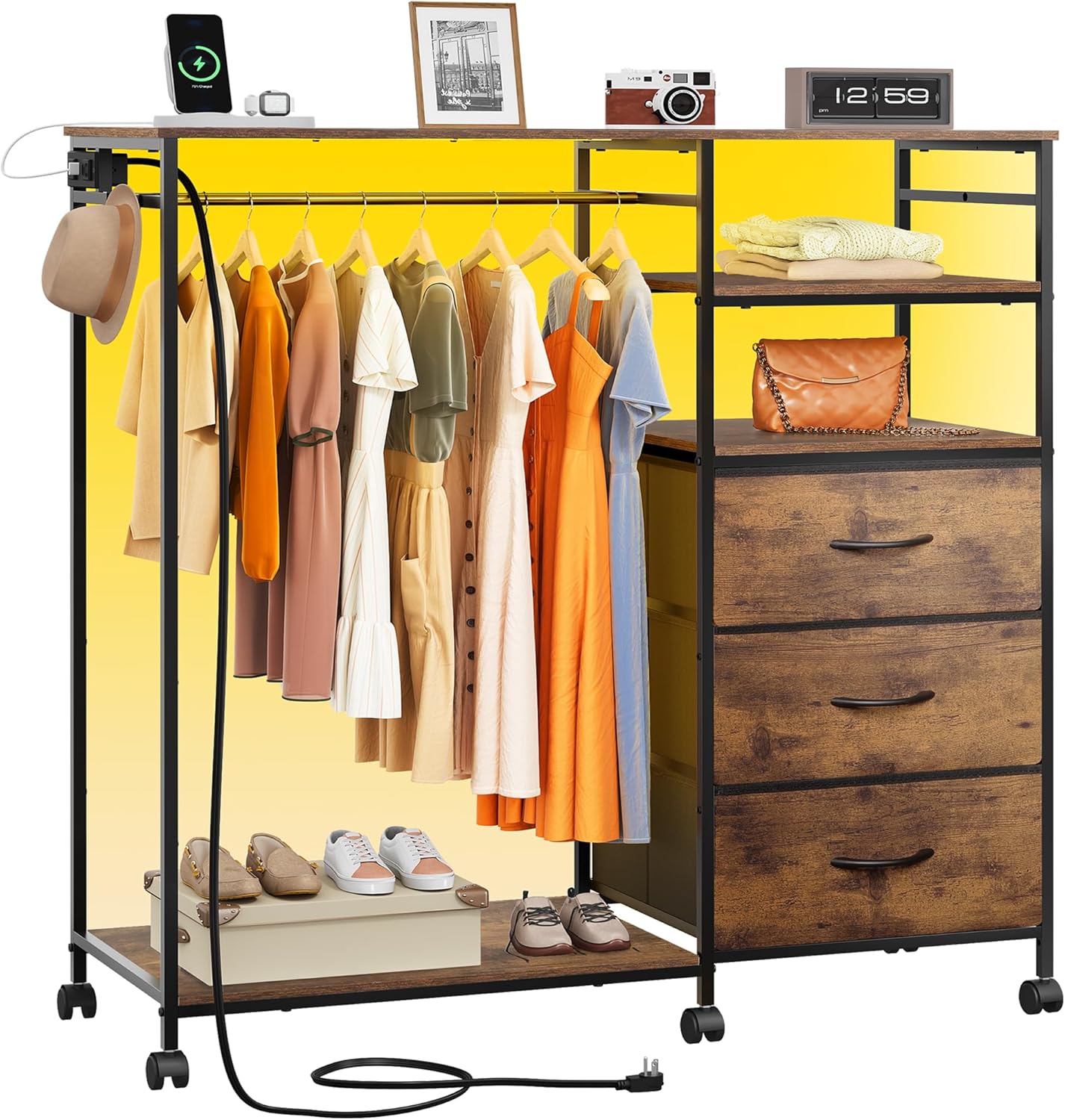WLIVE 42''W Dresser for Bedroom with Hanging Rack, 3 Drawer Dresser with LED Lights & Charging Station, Fabric Dressers & Chest of Drawers, Storage Organizer with Open Shelves for Living Room, Brown