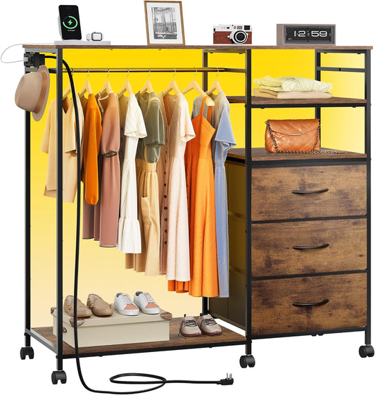 WLIVE 42''W Dresser for Bedroom with Hanging Rack, 3 Drawer Dresser with LED Lights & Charging Station, Fabric Dressers & Chest of Drawers, Storage Organizer with Open Shelves for Living Room, Brown