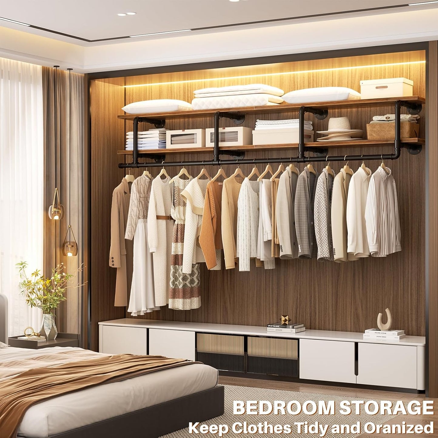 Aheaplus Industrial Pipe Clothes Rack with Top Shelf, 73In Space-Saving Wall Mounted Clothing Rack, 2 Tiers Heavy Duty Pipe Clothing Shelves with Hanging Rod for Laundry Room, Closet, Rustic Brown