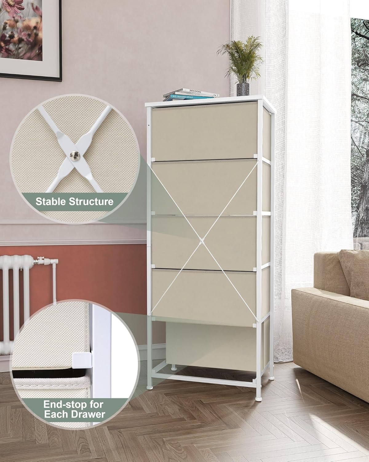 Crestlive Products Vertical Dresser Storage Tower - Sturdy Steel Frame, Wood Top, Easy Pull Fabric Bins - Organizer Unit for Bedroom, Hallway, Entryway, Closets - 5 Drawers(Beige)