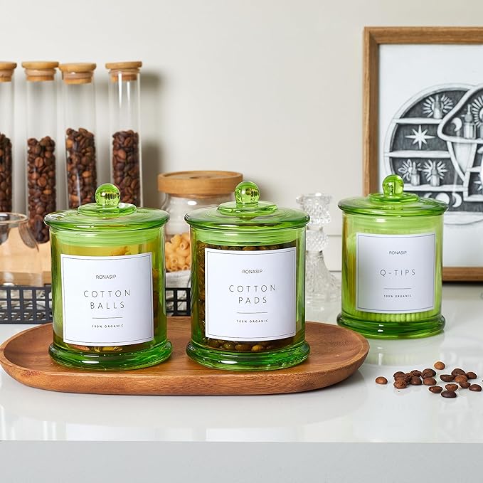 3 Pack Qtip Holder Dispenser, 16oz Bathroom Organizer and Storage Canisters, Glass Apothecary Jars with Lid - Home Decor, Room Decor Aesthetic (Green)