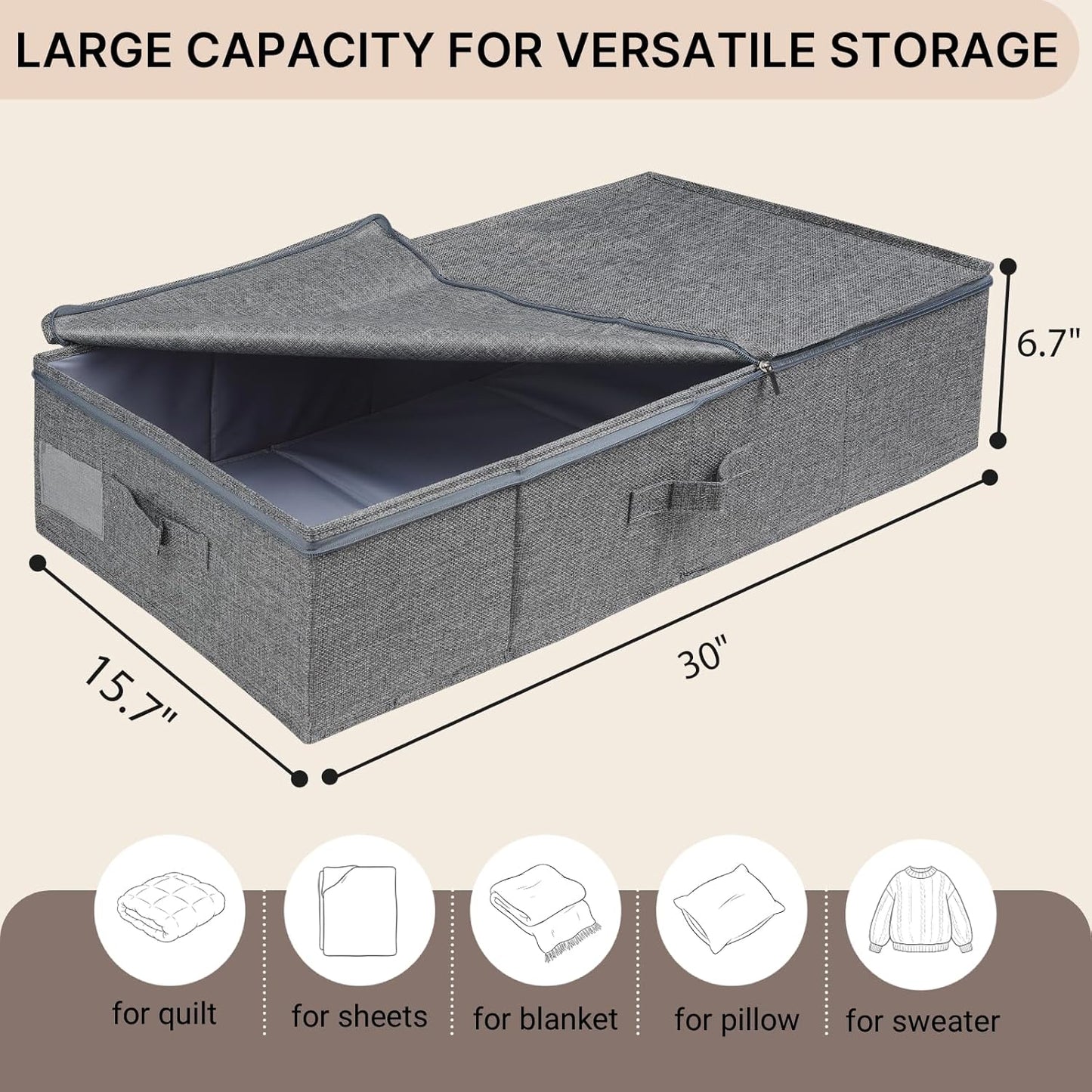 Under Bed Storage Container Bins with Lid,2 Pack Foldable Underbed Storage Organizer,50L Large Underbed Bag for Organizing Clothes Blankets Pillows(Grey)