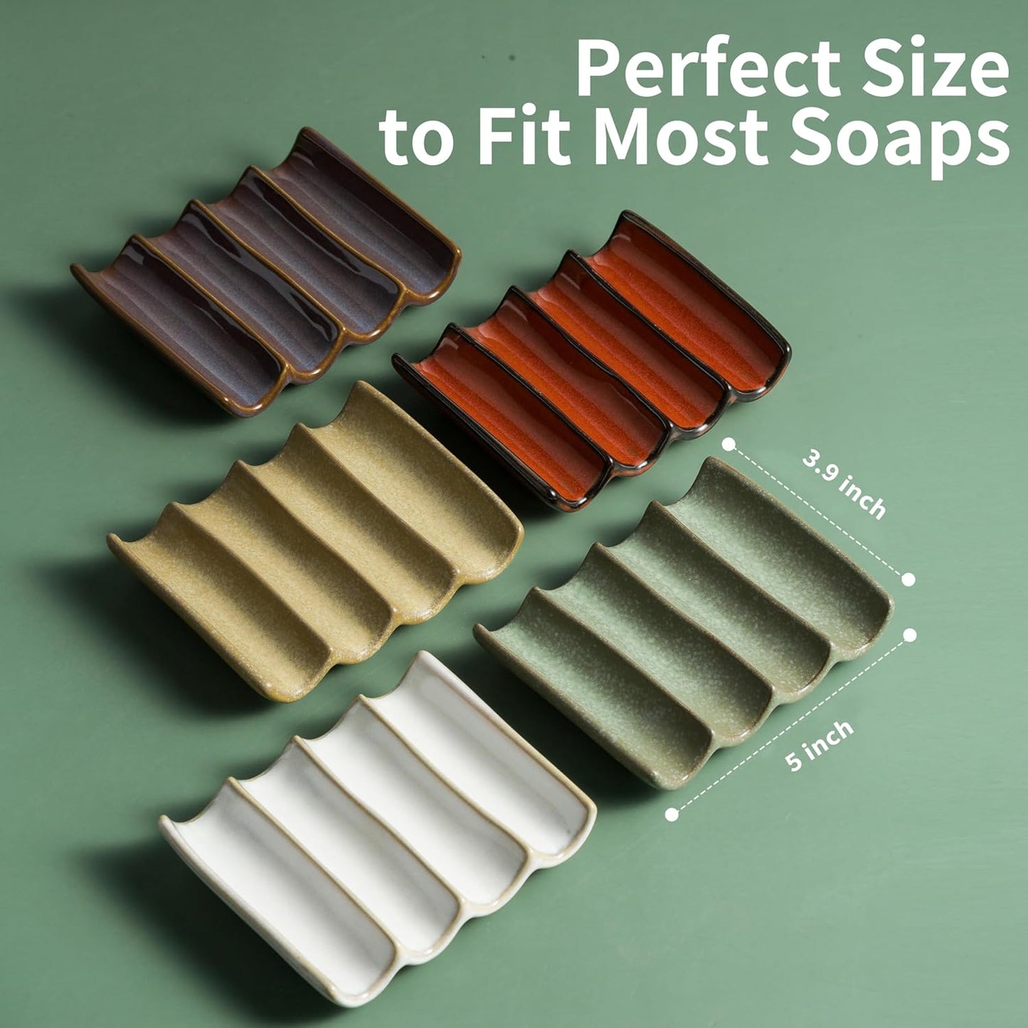 Bathroom Soap Dish for Shower, Bar Soap Holder with Self Drain, Ceramic Soap Saver Tray for Bathroom Sink, Kitchen Counter, Drain Fluted Design to Lift Soap Keep Dry, Red