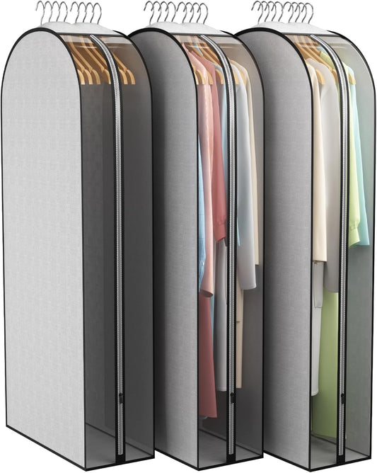 10" Gusseted Garment Bags for Hanging Clothes 50" Suit Bags for Open Closet Storage, Side Clear Clothing Cover for Coat, Dress, Jacket, Shirt, Fur Wardrobe Protector, 3 Packs, Grey