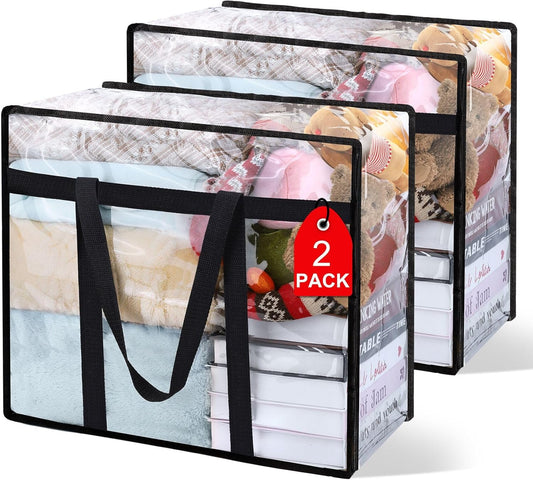 2Pack Clear Blanket Storage Bags, Vinyl Comforter Clothes Storage Closet Organizers and Storage Containers Moving Bags with Reinforced Handle for Bedding, Clothing, Comforters, Pillows, Toys,40L