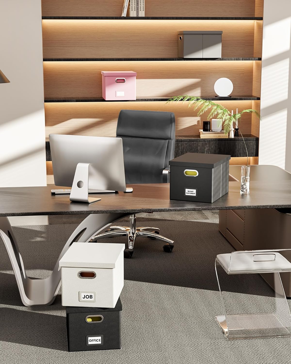 2 Pack File Storage Organizer Box,Filing Box,Portable File Box with Lid,Fit for Letter/Legal File Folder Storage, Pink(Leather)-Box only