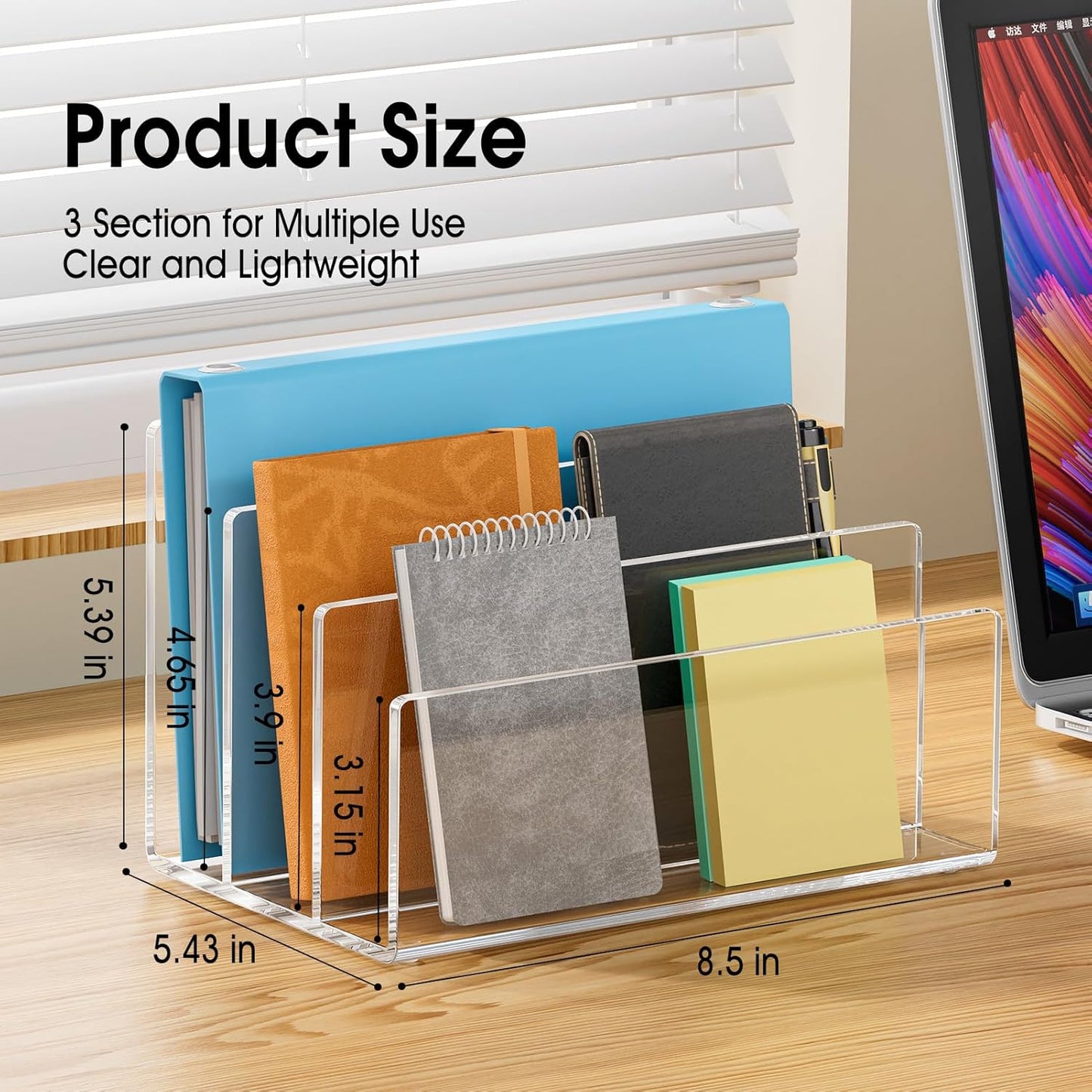 KTRIO 3 Section Mail Organizer Letter Holder for Desk, Vertical 3 Compartments Acrylic File Holder, File Sorter Desk Organizer for Envelopes and Electronics Office Supplies, Clear