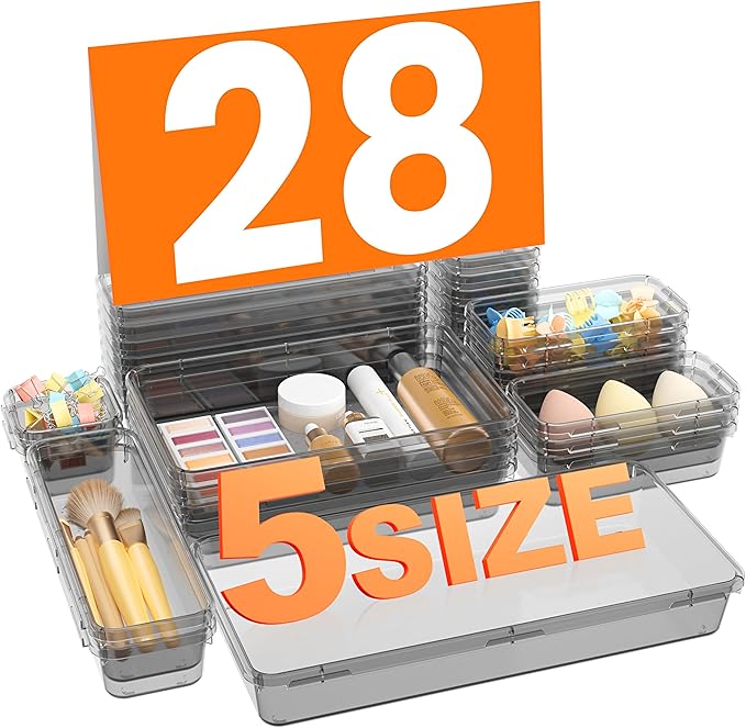 A-LuGei 【Military Grade】 Drawer Organizer, 【𝟱𝗦𝗶𝘇𝗲】 Clear Makeup organizer, 【Holds 177 Items】 Bathroom Organizers and Storage, Plastic Desk Organizer Divider, Organizer Bins for Office Vanity