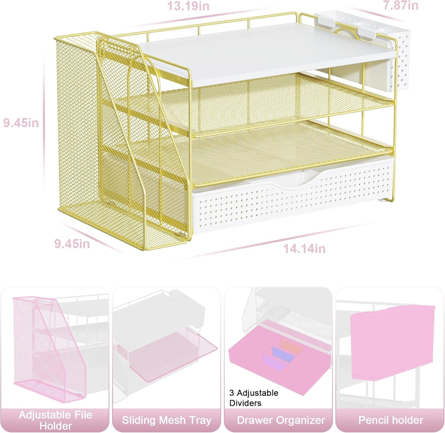 gianotter Wood Desk Organizers and Accessories with File Holder, 4-Tier Desk Accessories & Workspace Organizers with Drawer and Pen Holder, Paper Organizer for Office Supplies (Gold)