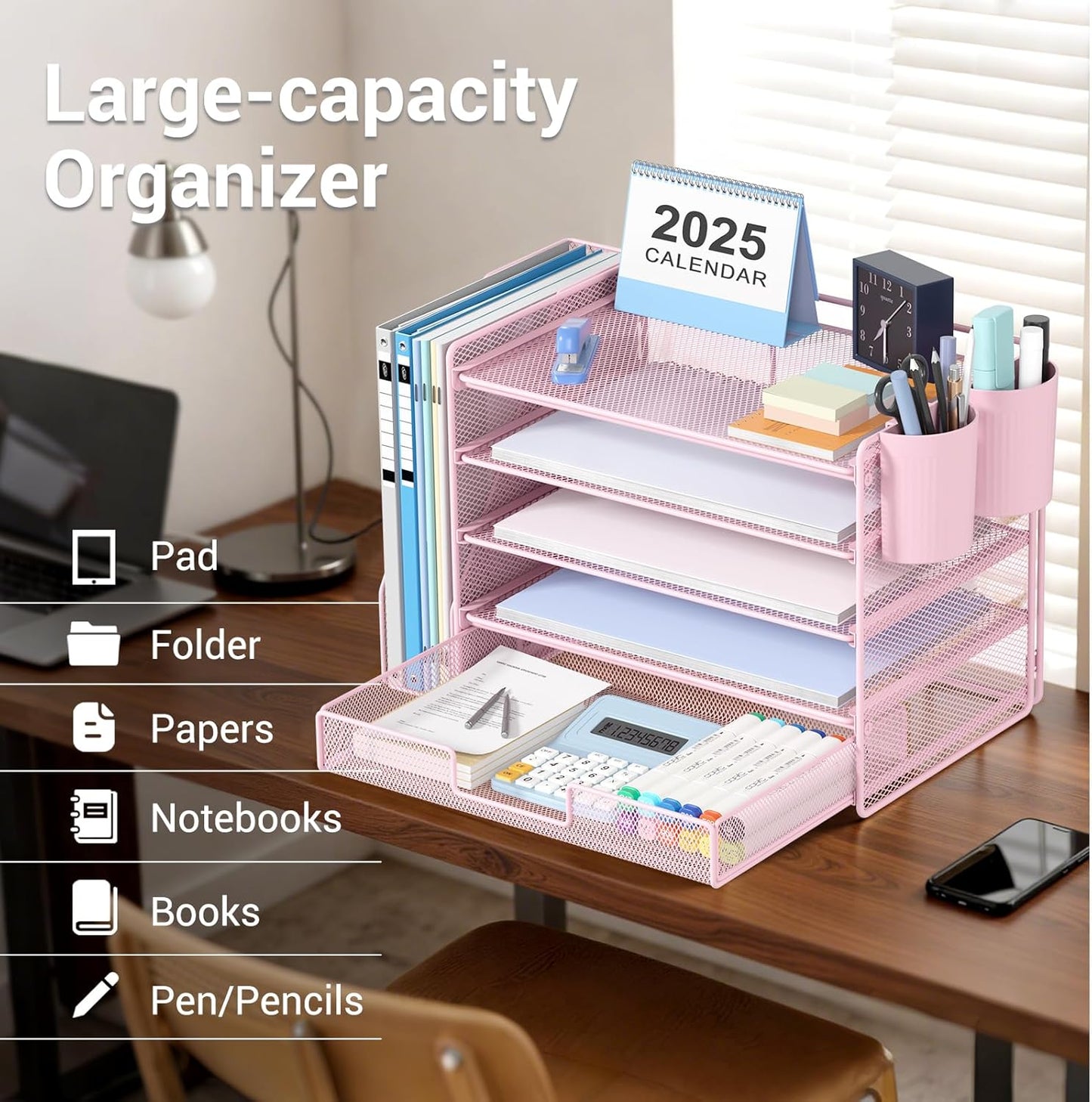 Desk Organizers and Accessories with File Holder, 5-Tier Office Desk Accessories & Workspace Desktop Organizer with Drawer and 2 Pen Holder, File Paper Organizer for Office Supplies(Pink)