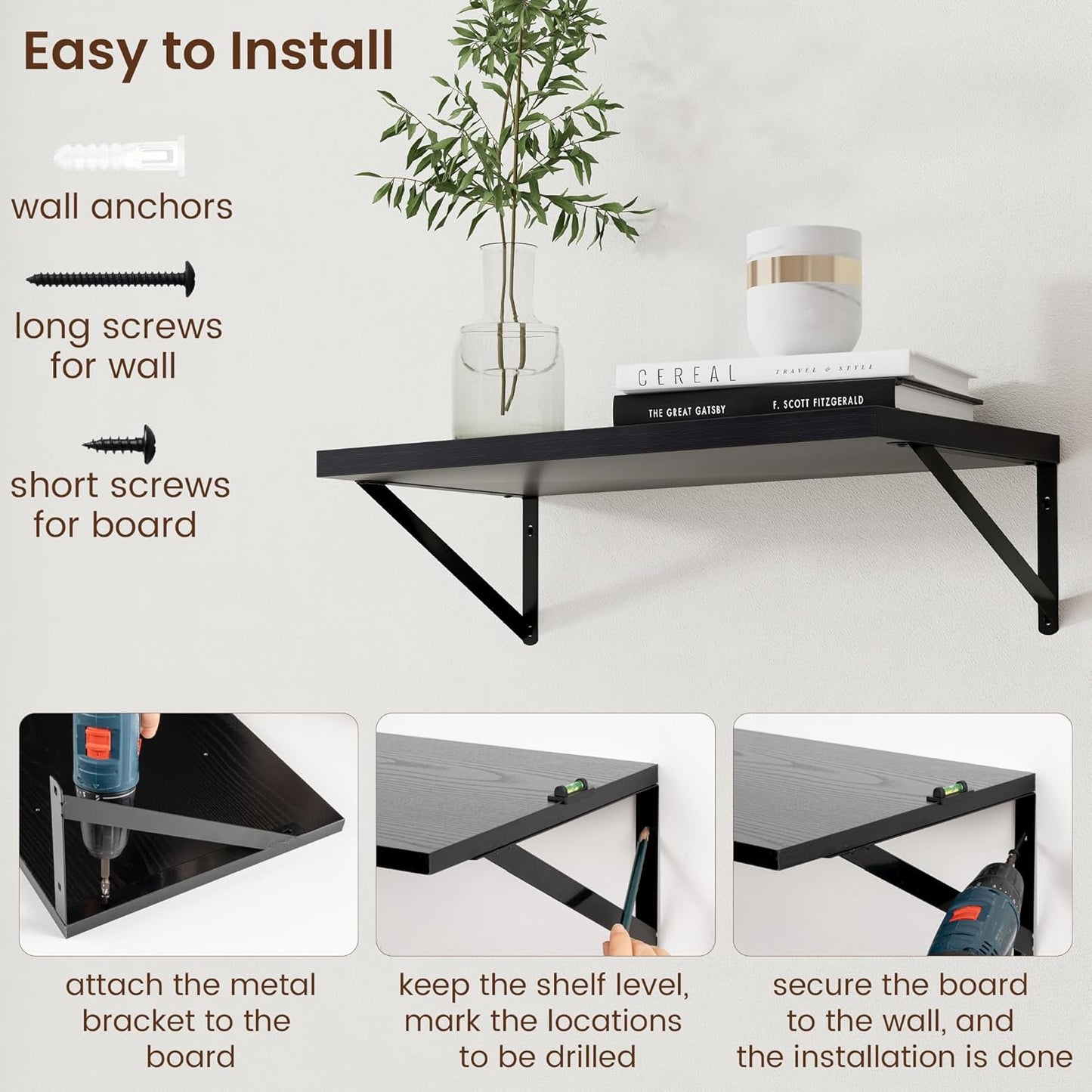 Axeman Floating Shelves for Wall Black- 24 Inch Wide x 12 Inch Deep Wall Shelves Set of 2 - Black Deep Wood Floating Shelves for Living Room Bedroom Laundry Room