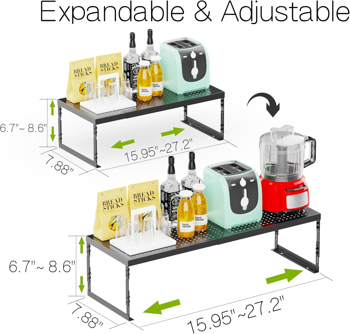 Adjustable Stackable Metal Storage Shelf Organizer - Expandable Wire Rack with Perforations for Kitchen, Pantry, Bathroom, Cabinet & Office-Compact, Durable & Sturdy (1PACK/Medium/Black)